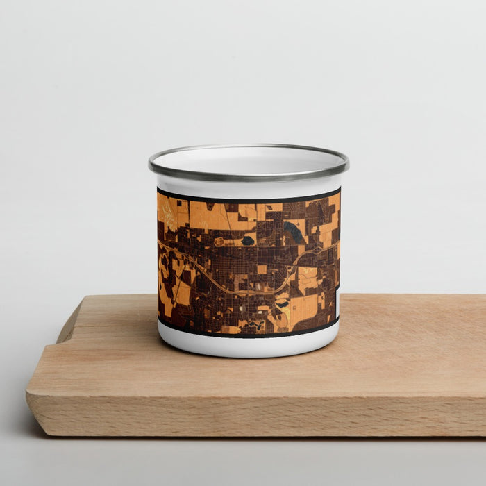 Front View Custom Gillette Wyoming Map Enamel Mug in Ember on Cutting Board