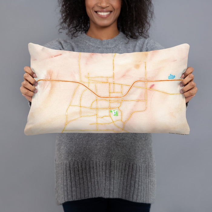 Person holding 20x12 Custom Gillette Wyoming Map Throw Pillow in Watercolor