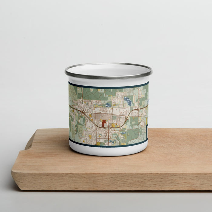 Front View Custom Gillette Wyoming Map Enamel Mug in Woodblock on Cutting Board