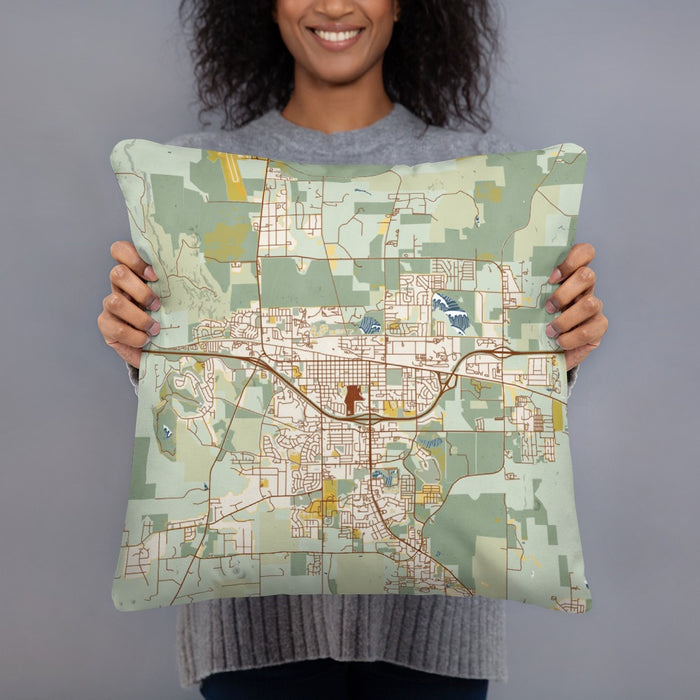 Person holding 18x18 Custom Gillette Wyoming Map Throw Pillow in Woodblock