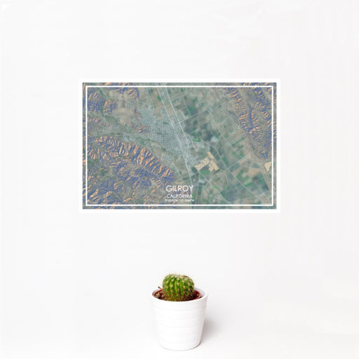 12x18 Gilroy California Map Print Landscape Orientation in Afternoon Style With Small Cactus Plant in White Planter
