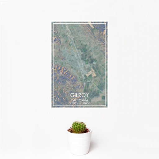 12x18 Gilroy California Map Print Portrait Orientation in Afternoon Style With Small Cactus Plant in White Planter