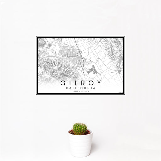12x18 Gilroy California Map Print Landscape Orientation in Classic Style With Small Cactus Plant in White Planter