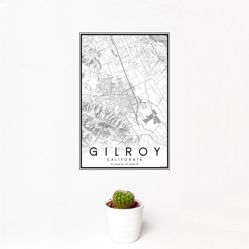 12x18 Gilroy California Map Print Portrait Orientation in Classic Style With Small Cactus Plant in White Planter