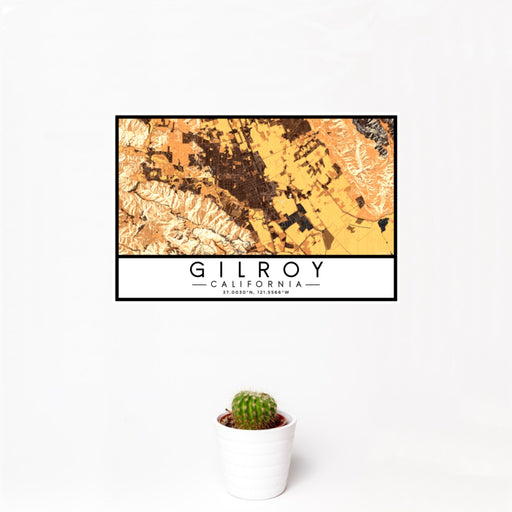 12x18 Gilroy California Map Print Landscape Orientation in Ember Style With Small Cactus Plant in White Planter