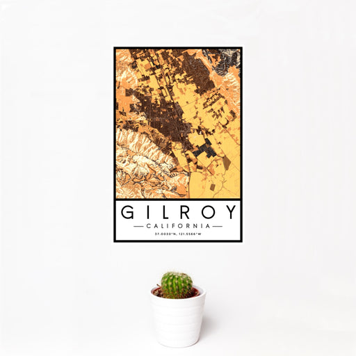 12x18 Gilroy California Map Print Portrait Orientation in Ember Style With Small Cactus Plant in White Planter
