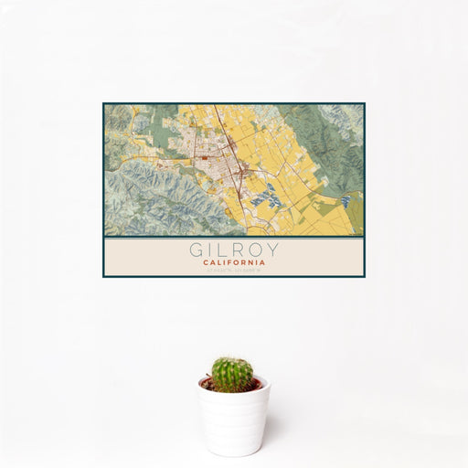 12x18 Gilroy California Map Print Landscape Orientation in Woodblock Style With Small Cactus Plant in White Planter