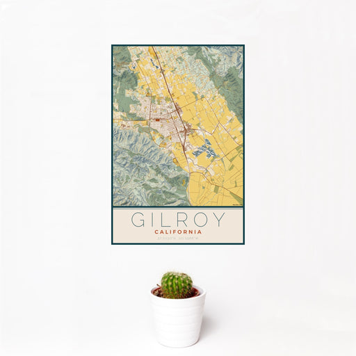 12x18 Gilroy California Map Print Portrait Orientation in Woodblock Style With Small Cactus Plant in White Planter