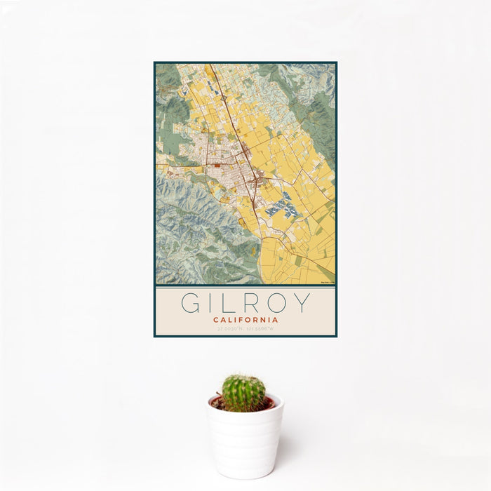 12x18 Gilroy California Map Print Portrait Orientation in Woodblock Style With Small Cactus Plant in White Planter