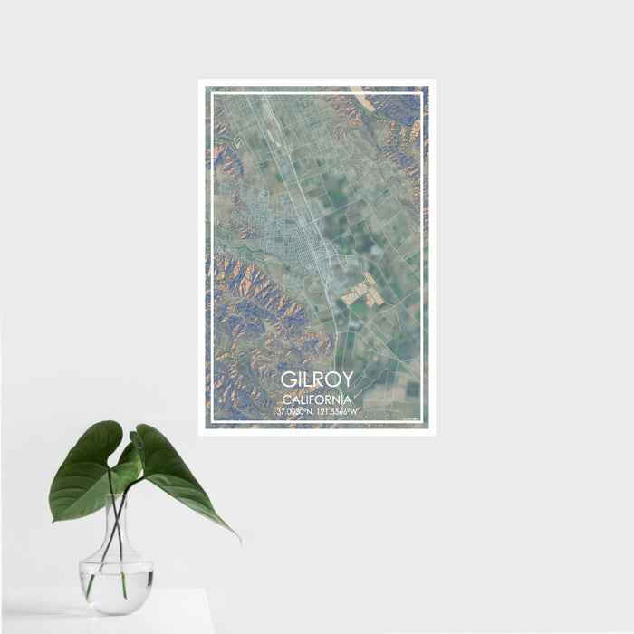 16x24 Gilroy California Map Print Portrait Orientation in Afternoon Style With Tropical Plant Leaves in Water