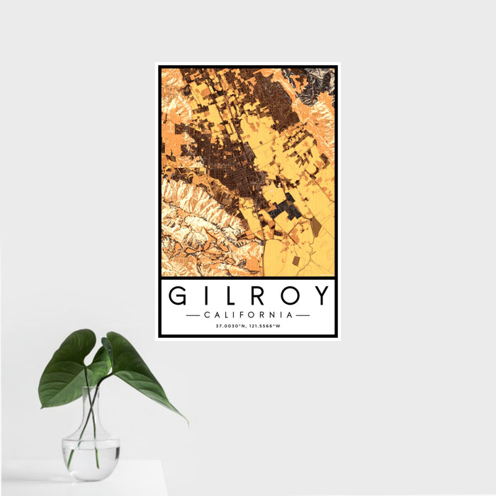16x24 Gilroy California Map Print Portrait Orientation in Ember Style With Tropical Plant Leaves in Water