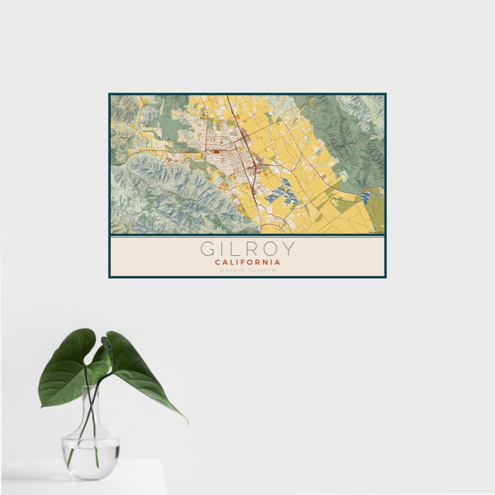 16x24 Gilroy California Map Print Landscape Orientation in Woodblock Style With Tropical Plant Leaves in Water