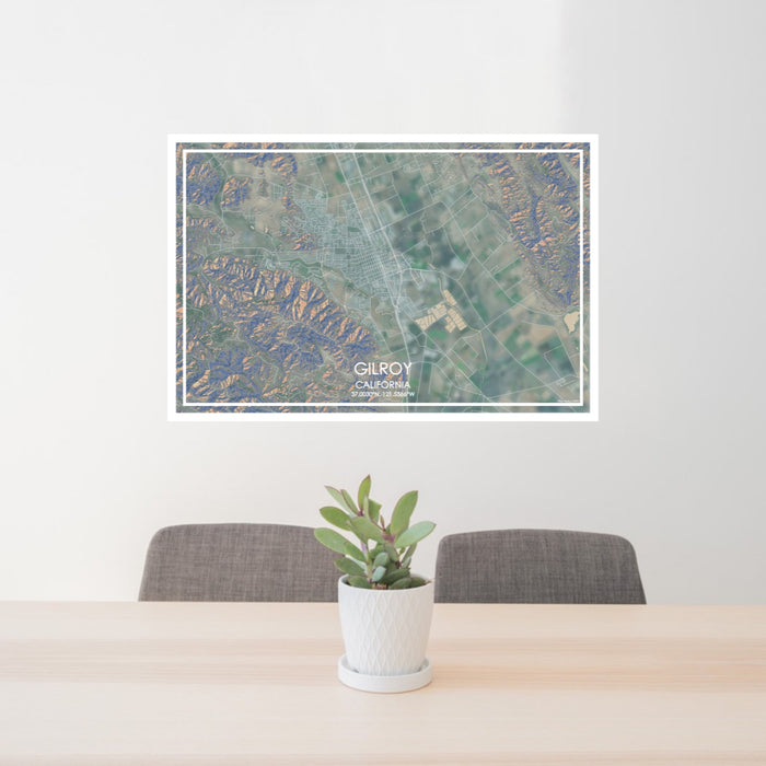 24x36 Gilroy California Map Print Lanscape Orientation in Afternoon Style Behind 2 Chairs Table and Potted Plant