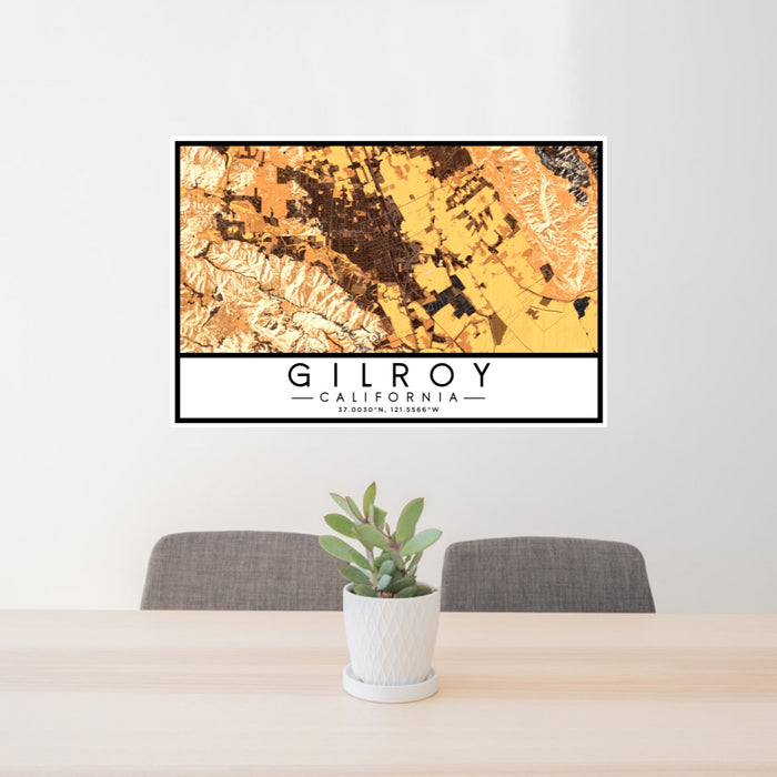 24x36 Gilroy California Map Print Lanscape Orientation in Ember Style Behind 2 Chairs Table and Potted Plant