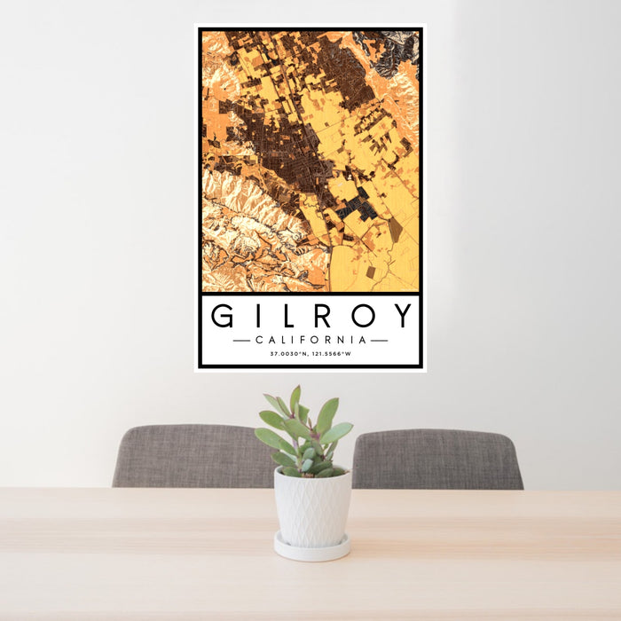 24x36 Gilroy California Map Print Portrait Orientation in Ember Style Behind 2 Chairs Table and Potted Plant
