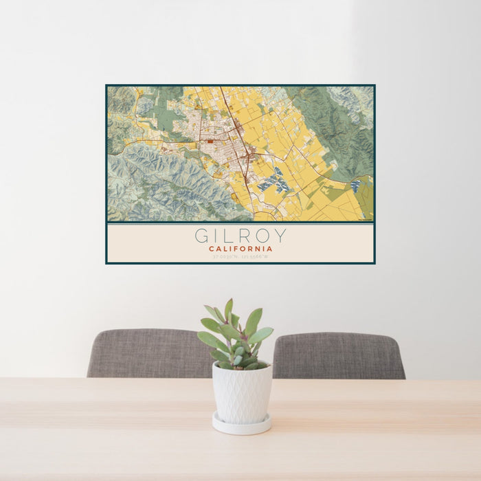 24x36 Gilroy California Map Print Lanscape Orientation in Woodblock Style Behind 2 Chairs Table and Potted Plant