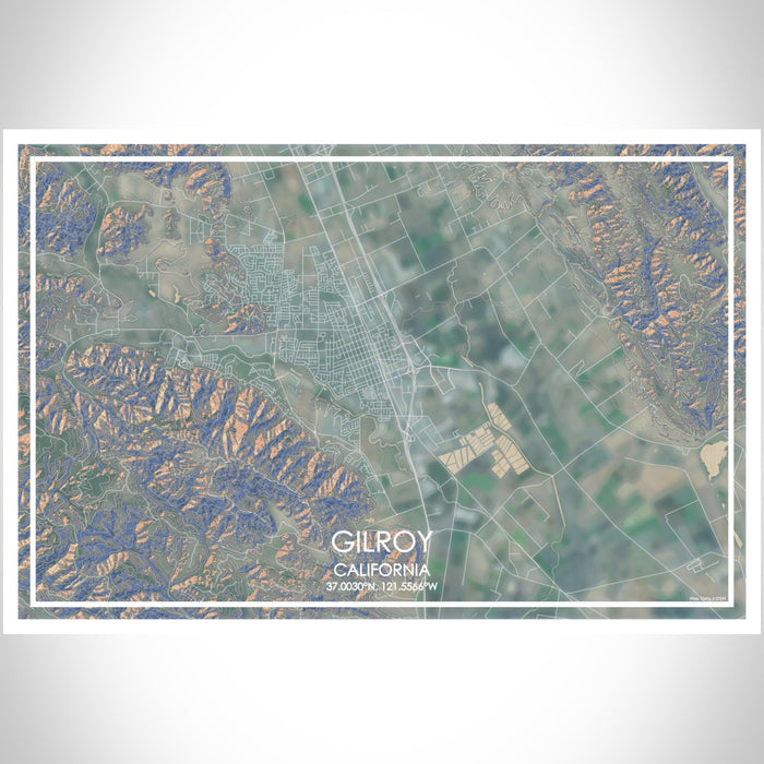 Gilroy California Map Print Landscape Orientation in Afternoon Style With Shaded Background