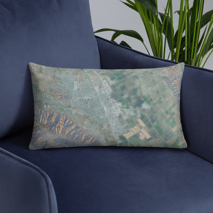 Custom Gilroy California Map Throw Pillow in Afternoon on Blue Colored Chair