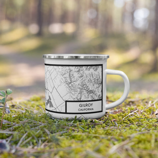 Right View Custom Gilroy California Map Enamel Mug in Classic on Grass With Trees in Background