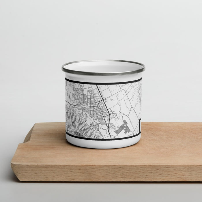 Front View Custom Gilroy California Map Enamel Mug in Classic on Cutting Board