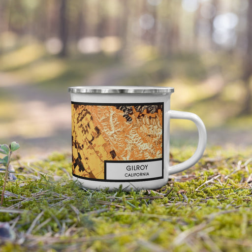 Right View Custom Gilroy California Map Enamel Mug in Ember on Grass With Trees in Background