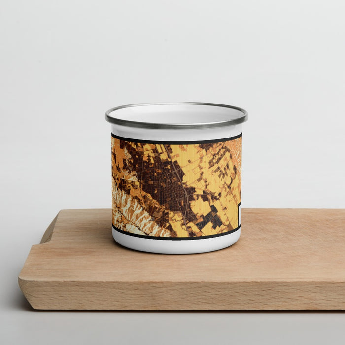 Front View Custom Gilroy California Map Enamel Mug in Ember on Cutting Board