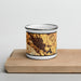Front View Custom Gilroy California Map Enamel Mug in Ember on Cutting Board