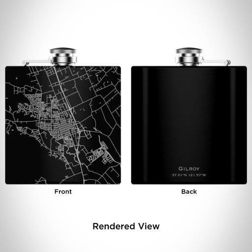 Rendered View of Gilroy California Map Engraving on 6oz Stainless Steel Flask in Black
