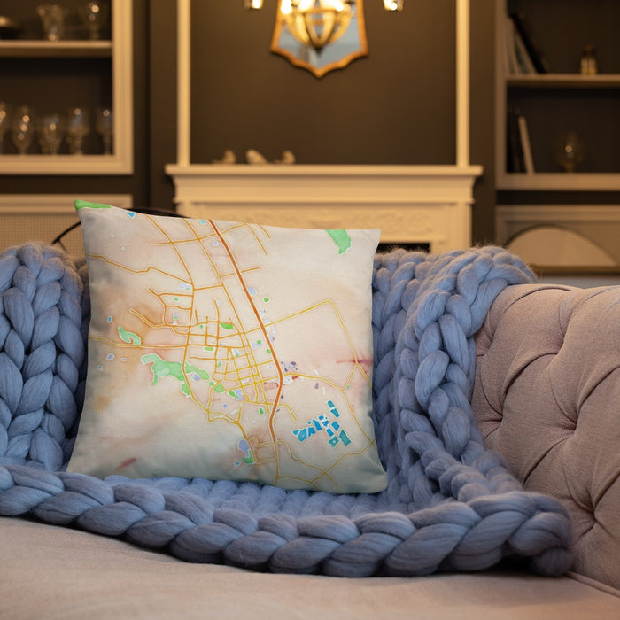 Custom Gilroy California Map Throw Pillow in Watercolor on Cream Colored Couch