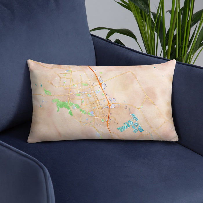 Custom Gilroy California Map Throw Pillow in Watercolor on Blue Colored Chair