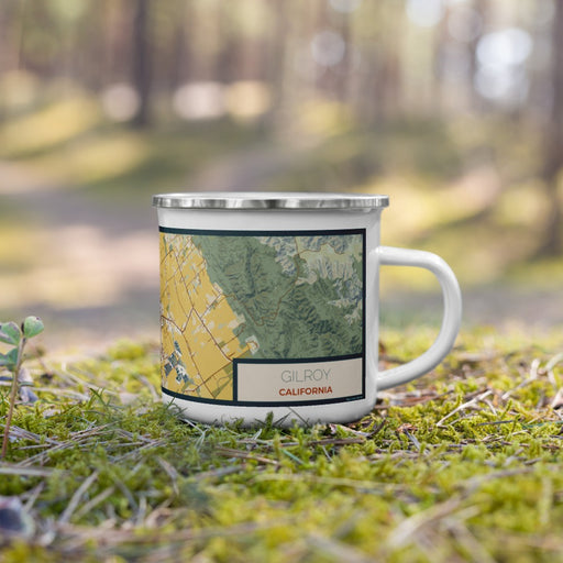 Right View Custom Gilroy California Map Enamel Mug in Woodblock on Grass With Trees in Background