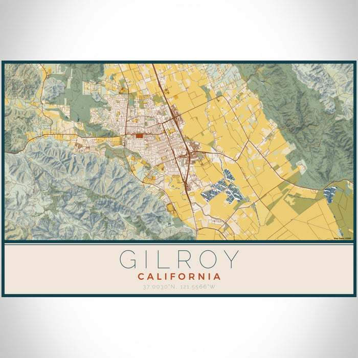 Gilroy California Map Print Landscape Orientation in Woodblock Style With Shaded Background