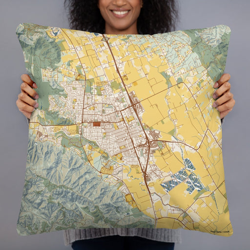 Person holding 22x22 Custom Gilroy California Map Throw Pillow in Woodblock