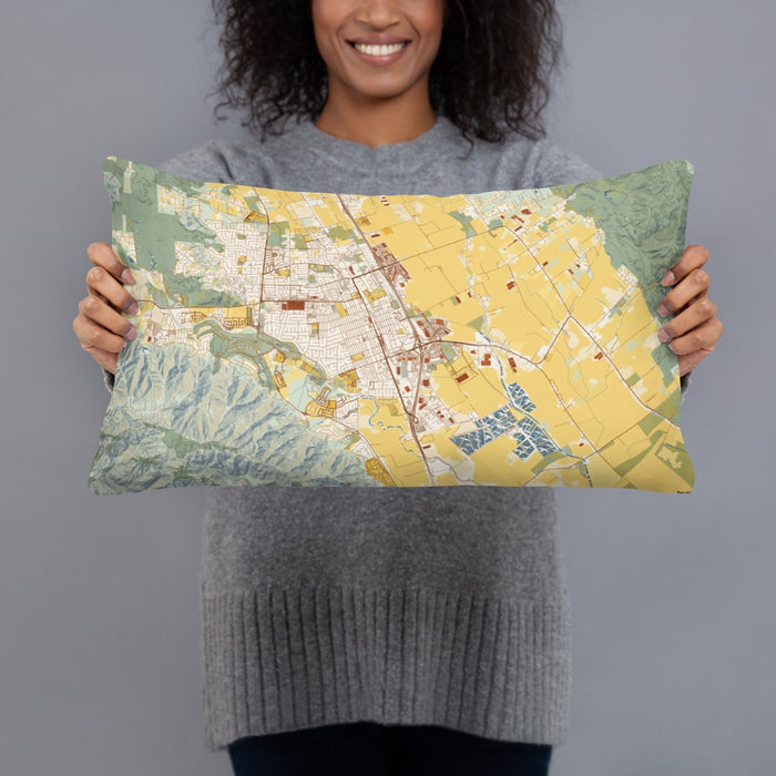 Person holding 20x12 Custom Gilroy California Map Throw Pillow in Woodblock