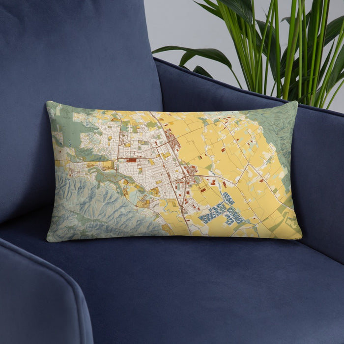 Custom Gilroy California Map Throw Pillow in Woodblock on Blue Colored Chair