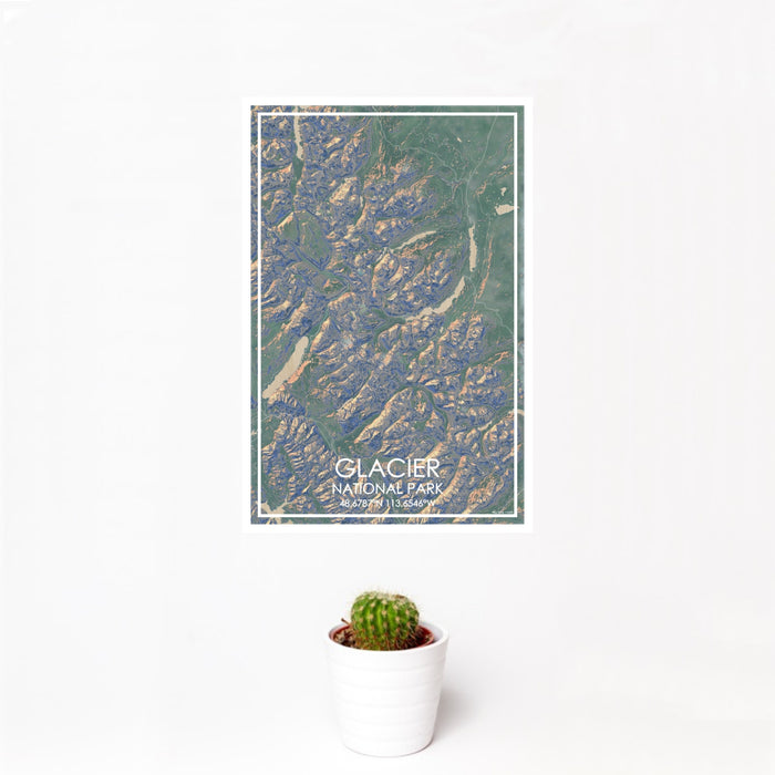12x18 Glacier National Park Map Print Portrait Orientation in Afternoon Style With Small Cactus Plant in White Planter
