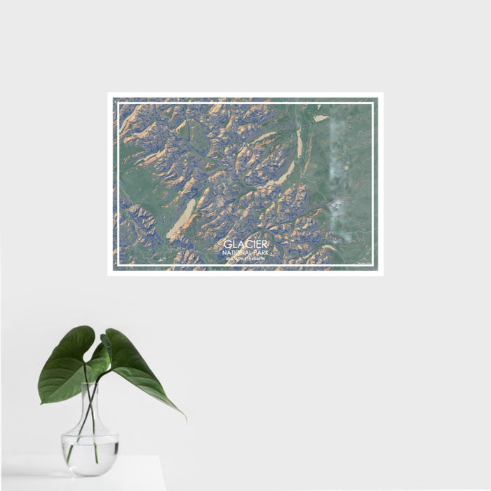 16x24 Glacier National Park Map Print Landscape Orientation in Afternoon Style With Tropical Plant Leaves in Water