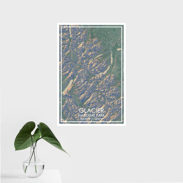 16x24 Glacier National Park Map Print Portrait Orientation in Afternoon Style With Tropical Plant Leaves in Water