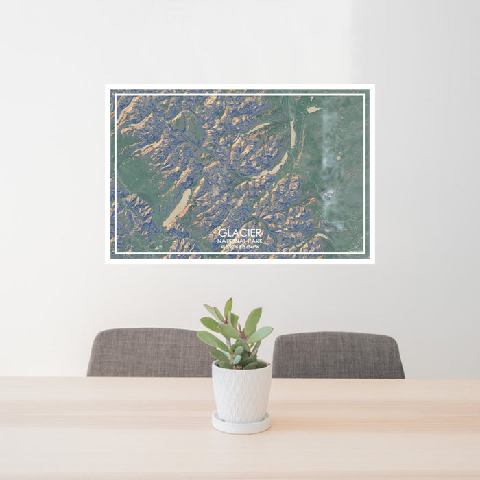 24x36 Glacier National Park Map Print Lanscape Orientation in Afternoon Style Behind 2 Chairs Table and Potted Plant