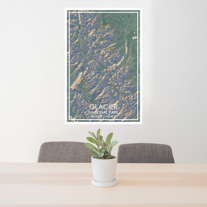 24x36 Glacier National Park Map Print Portrait Orientation in Afternoon Style Behind 2 Chairs Table and Potted Plant