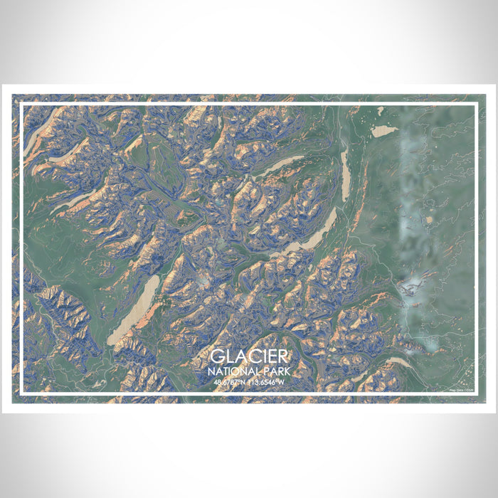 Glacier National Park Map Print Landscape Orientation in Afternoon Style With Shaded Background
