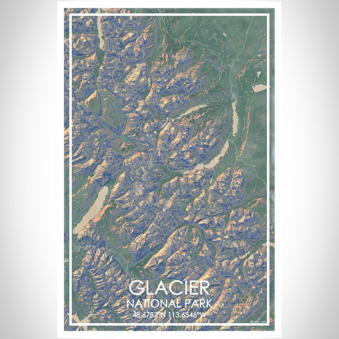 Glacier National Park Map Print Portrait Orientation in Afternoon Style With Shaded Background