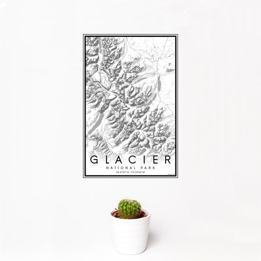 12x18 Glacier National Park Map Print Portrait Orientation in Classic Style With Small Cactus Plant in White Planter