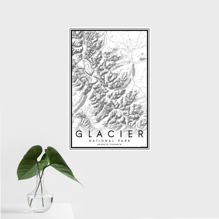 16x24 Glacier National Park Map Print Portrait Orientation in Classic Style With Tropical Plant Leaves in Water