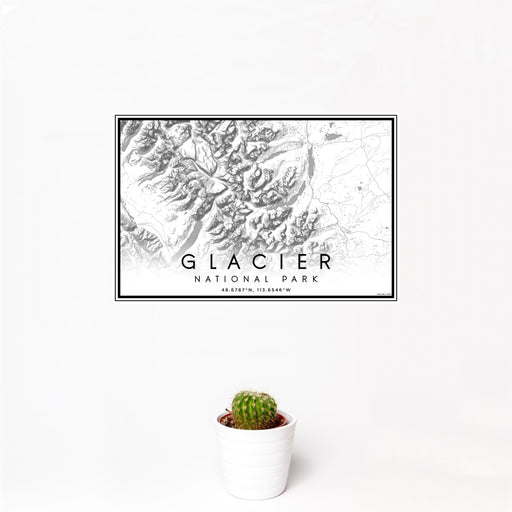 12x18 Glacier National Park Map Print Landscape Orientation in Classic Style With Small Cactus Plant in White Planter