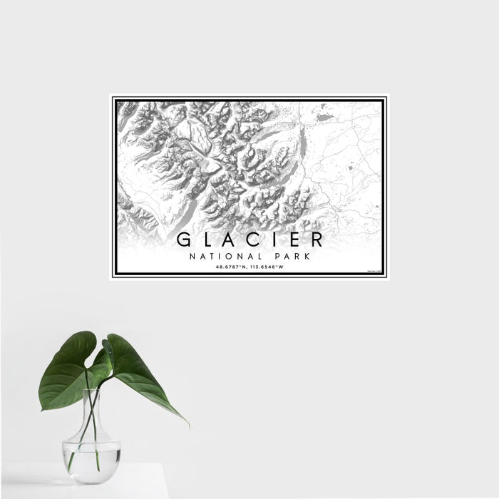 16x24 Glacier National Park Map Print Landscape Orientation in Classic Style With Tropical Plant Leaves in Water
