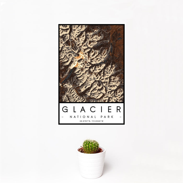 12x18 Glacier National Park Map Print Portrait Orientation in Ember Style With Small Cactus Plant in White Planter