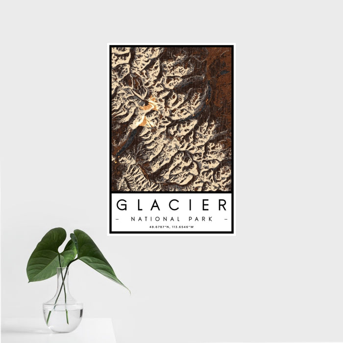 16x24 Glacier National Park Map Print Portrait Orientation in Ember Style With Tropical Plant Leaves in Water