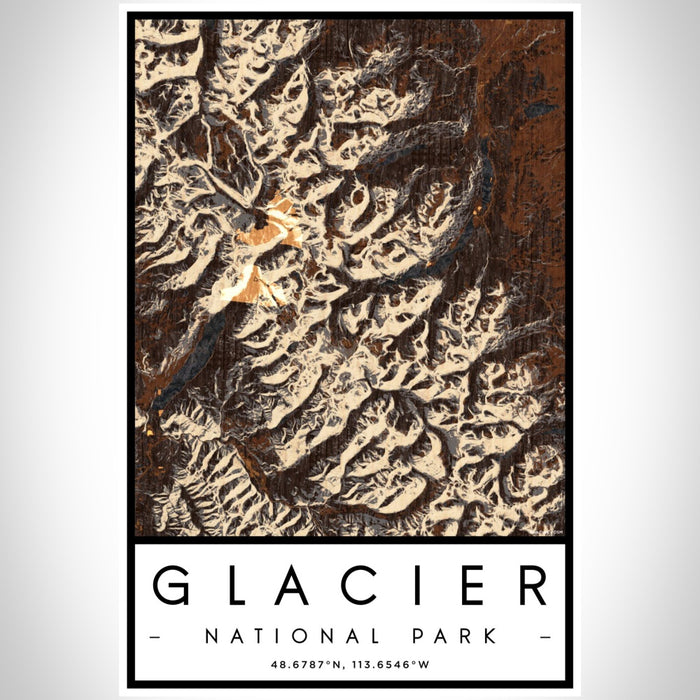 Glacier National Park Map Print Portrait Orientation in Ember Style With Shaded Background