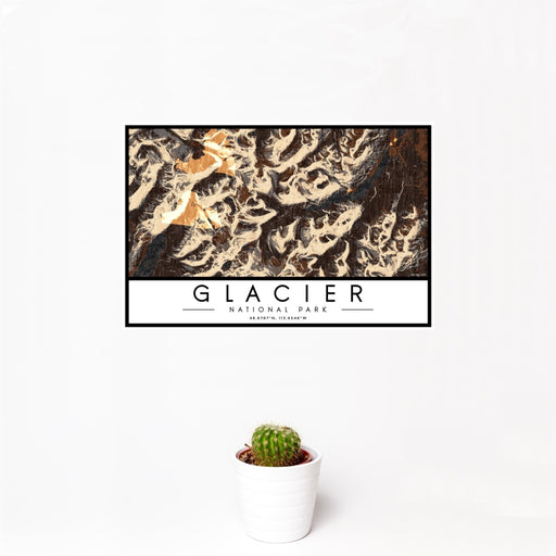 12x18 Glacier National Park Map Print Landscape Orientation in Ember Style With Small Cactus Plant in White Planter